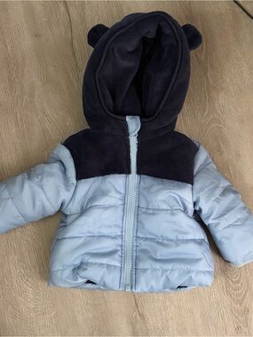 First Impressions Light Blue and Navy Teddy Puffer Jacket 0-3 months